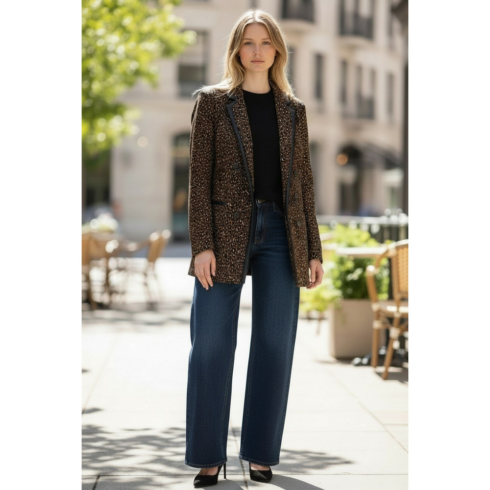 Anne Klein Leopard Print Satin Lapel Collar Blazer Jacket Brown Black Small
